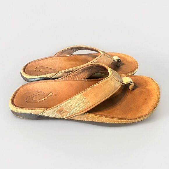 OLUKAI Men’s OHANA Brown Toe Post Flip Flop Sandals Logo Padded Footbed Size 9 - Picture 1 of 6